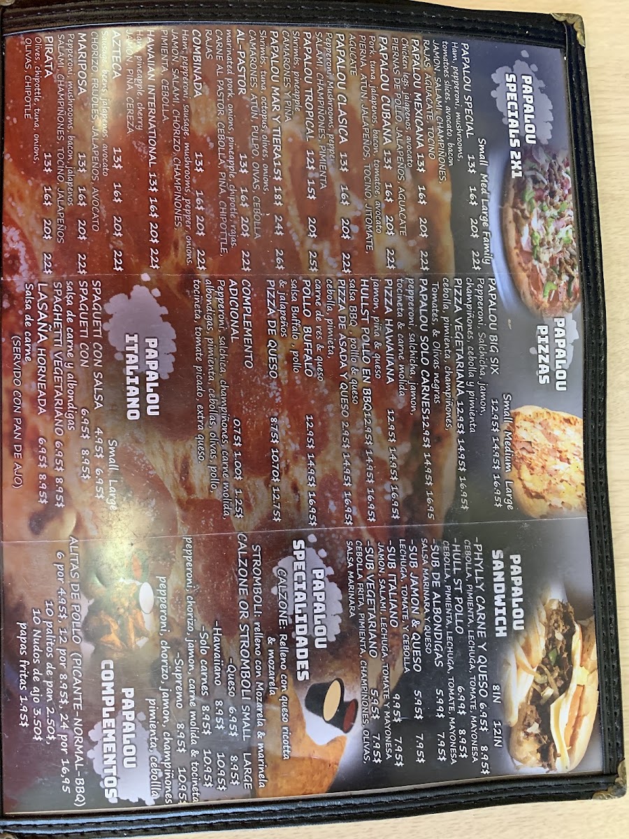 Papa Lou Pizza menu board