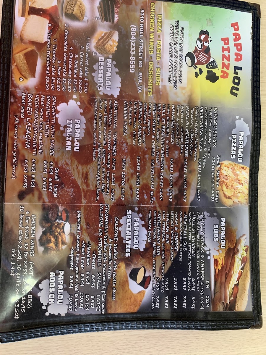 Papa Lou Pizza menu board