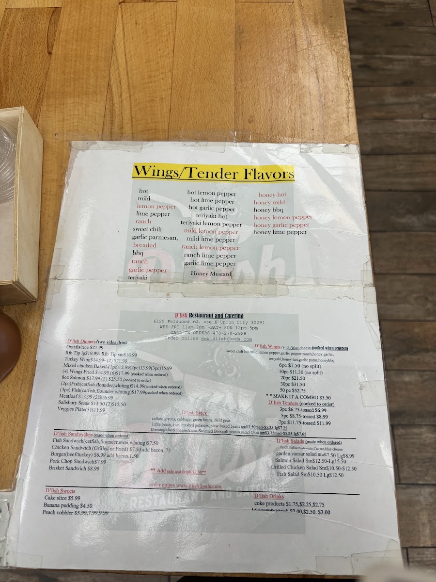 D'lish Restaurant and Catering menu board