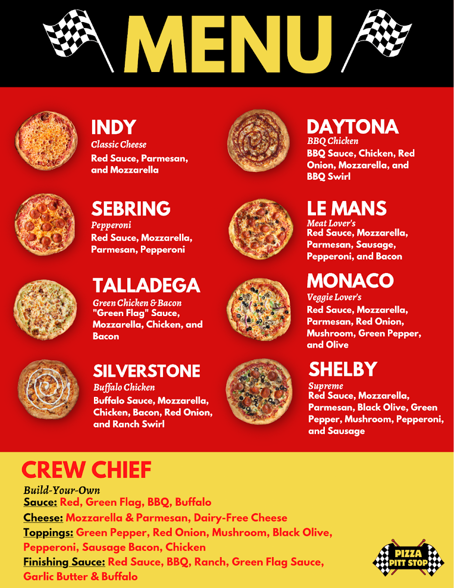 Pizza Pitt Stop menu board