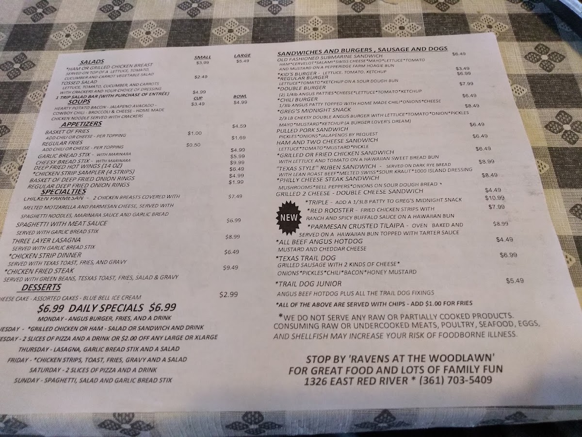 Raven’s Family Dining menu board