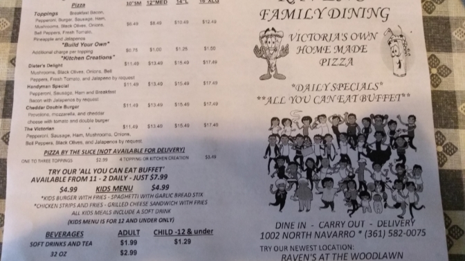 Raven’s Family Dining menu board