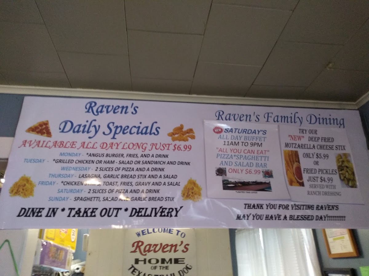 Raven’s Family Dining menu board
