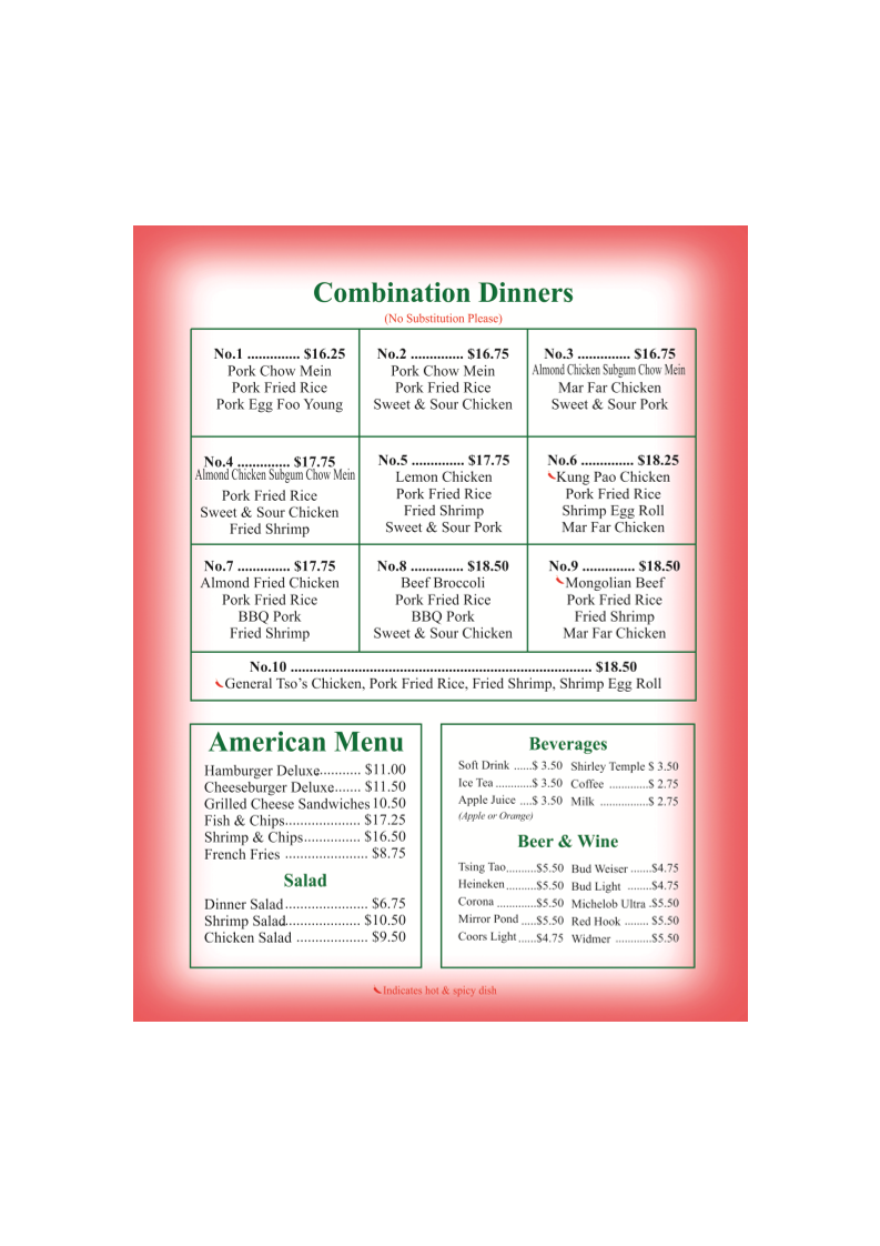 New Lantern Chinese Restaurant menu board