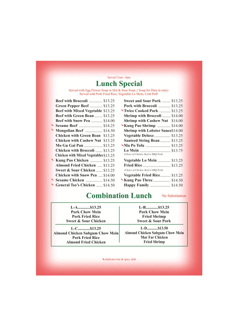 New Lantern Chinese Restaurant menu board
