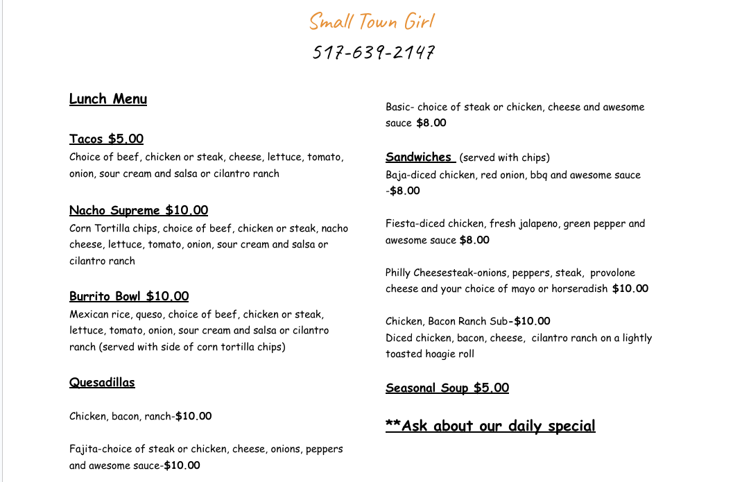 Small Town Girl Concessions & Catering menu board