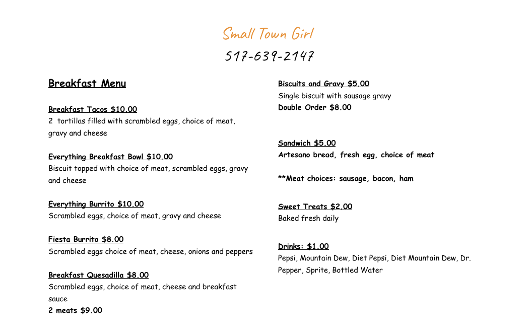 Small Town Girl Concessions & Catering menu board