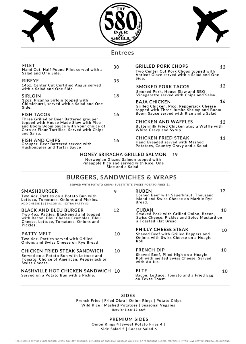 580 Bar and Grill menu board