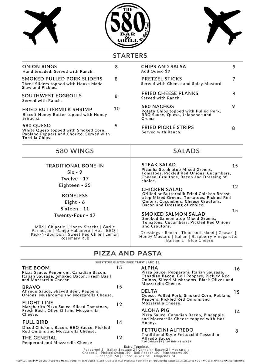 580 Bar and Grill menu board