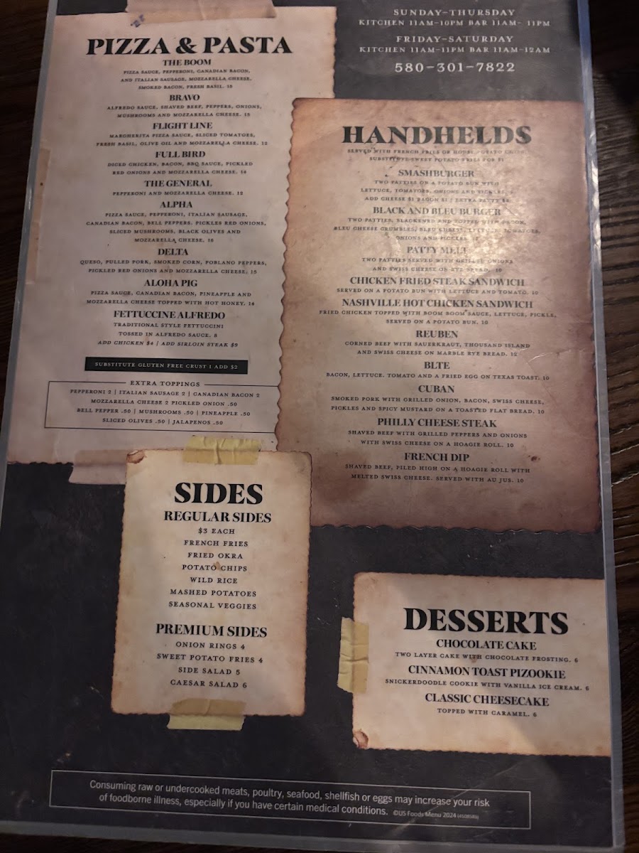 580 Bar and Grill menu board