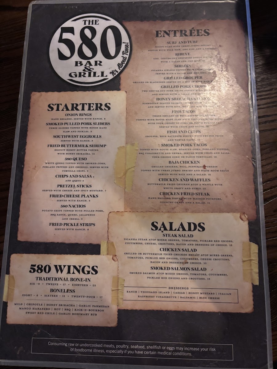 580 Bar and Grill menu board