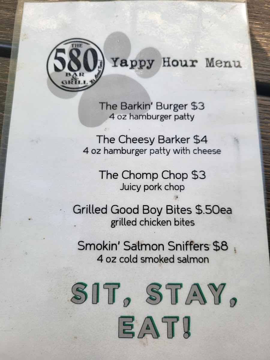 580 Bar and Grill menu board