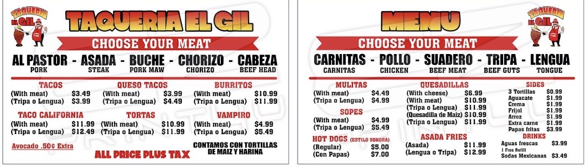 Taqueria El Gil menu board