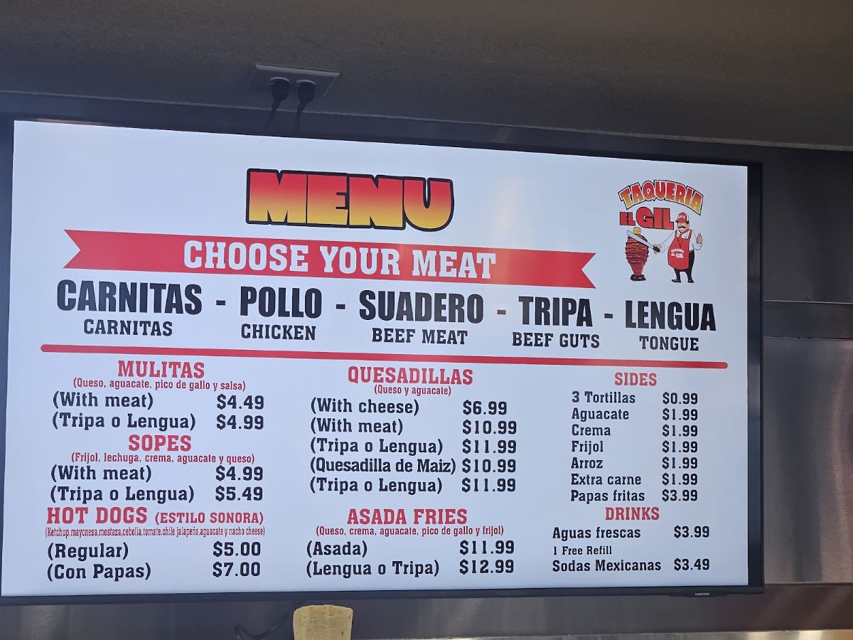Taqueria El Gil menu board