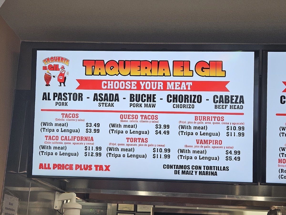 Taqueria El Gil menu board
