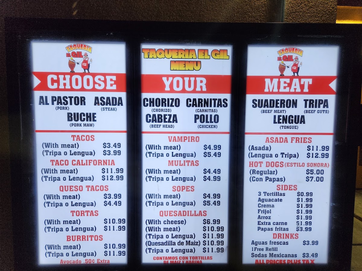 Taqueria El Gil menu board