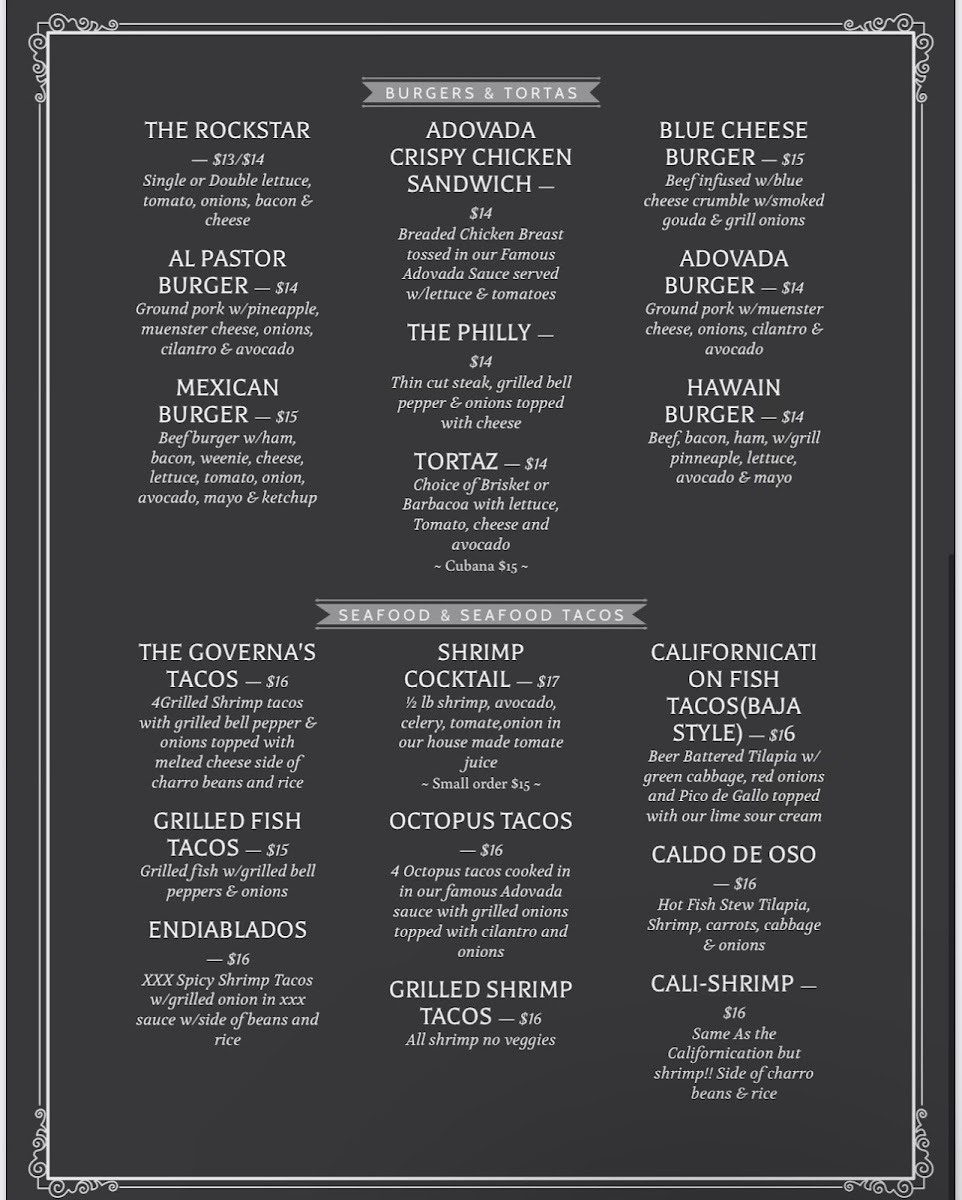 Rock N Taco Restaurant menu board