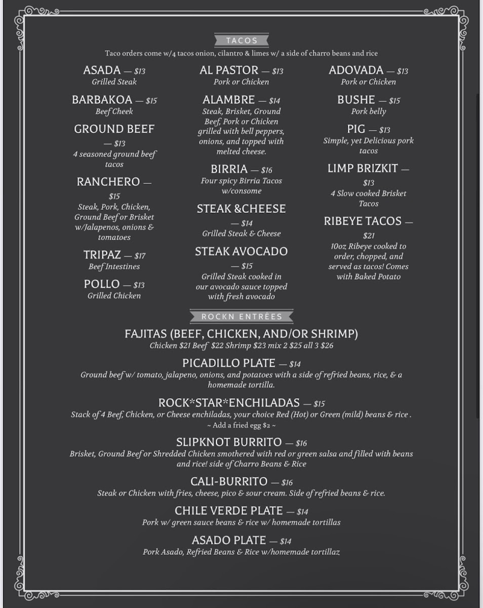 Rock N Taco Restaurant menu board
