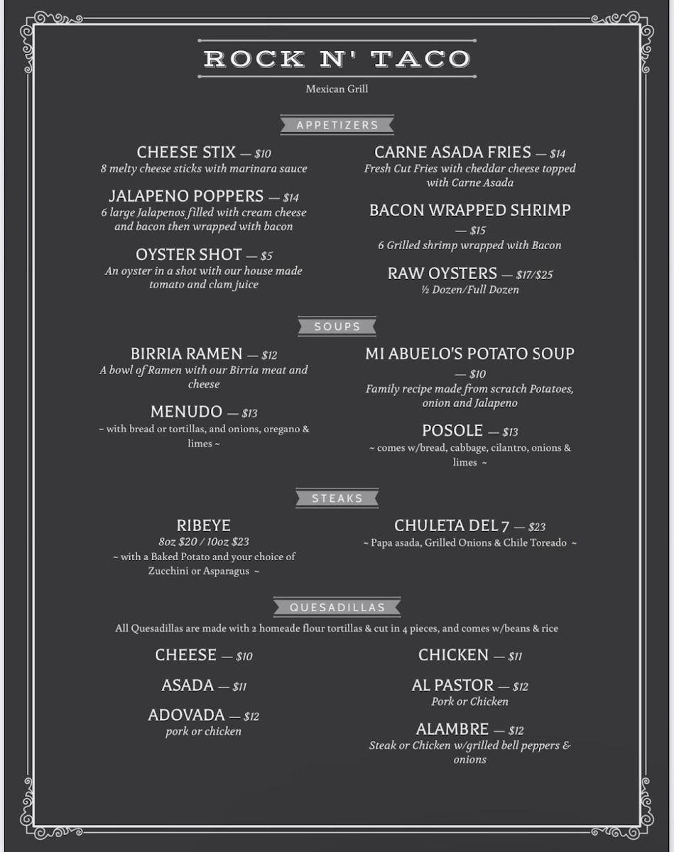 Rock N Taco Restaurant menu board