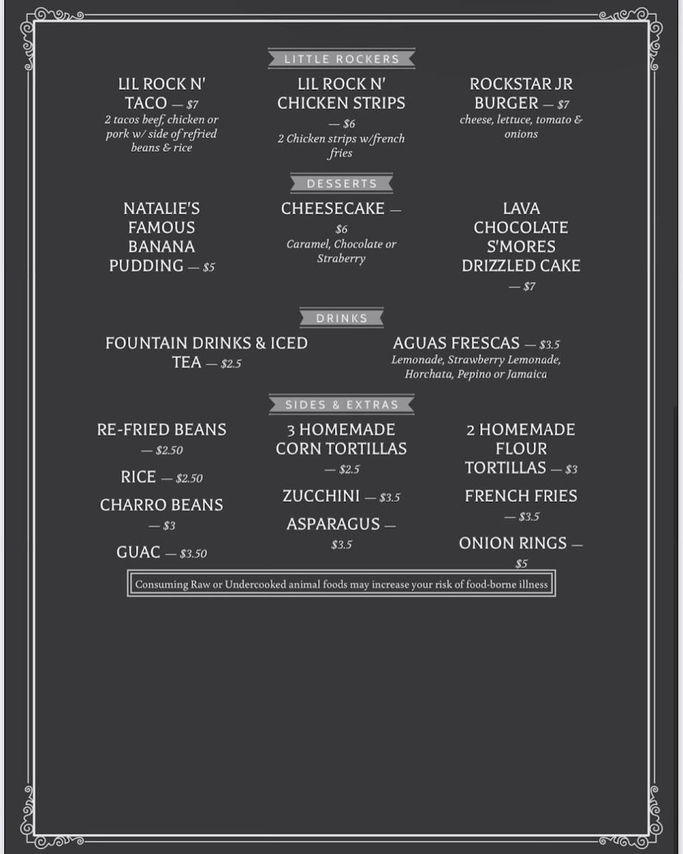 Rock N Taco Restaurant menu board