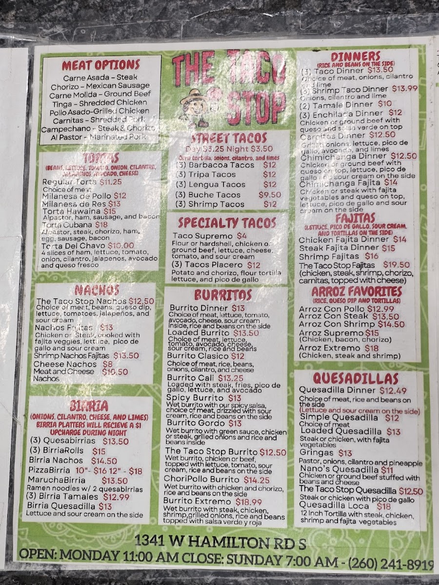 The Taco Stop menu board
