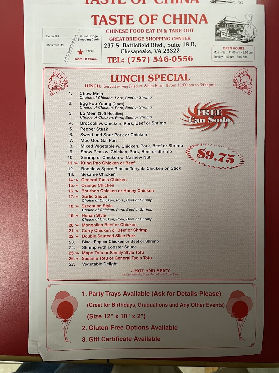 Taste of China menu board