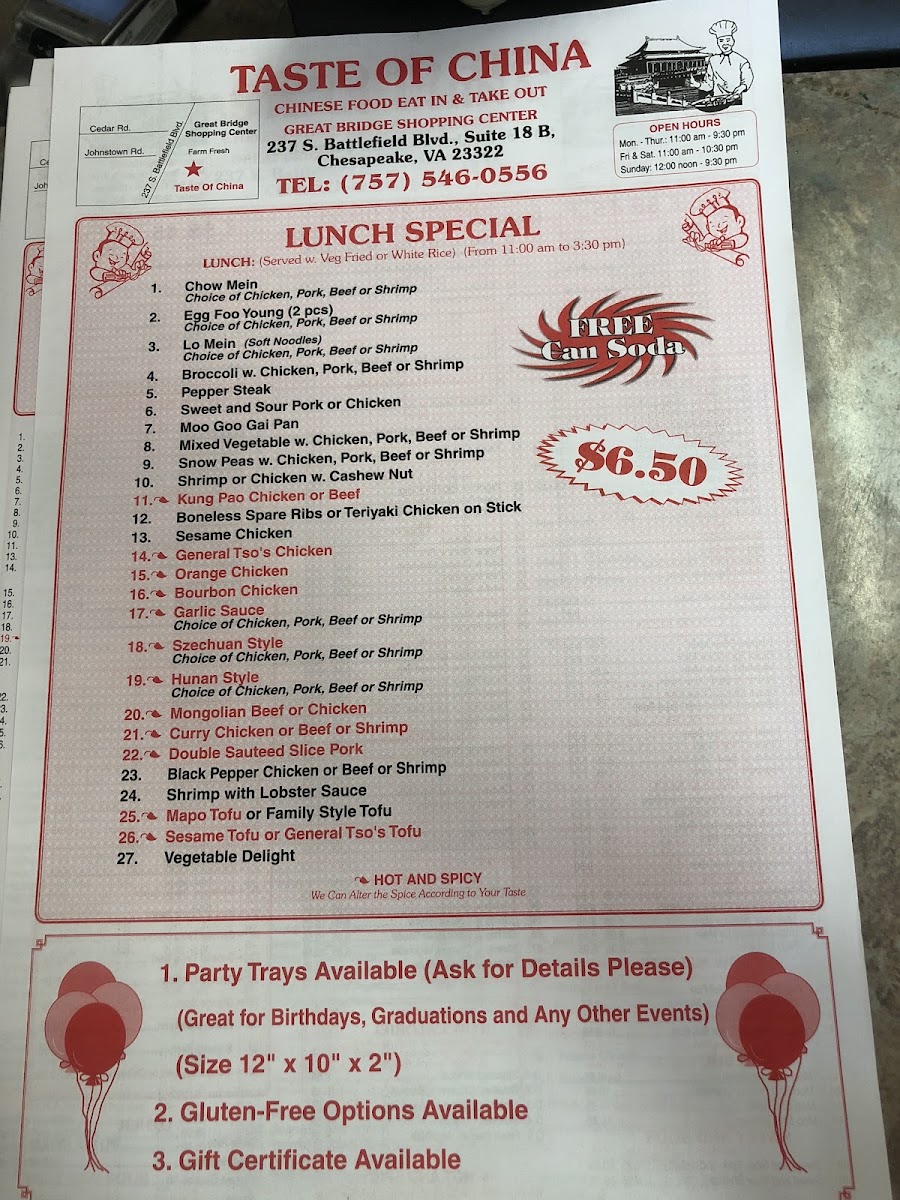 Taste of China menu board