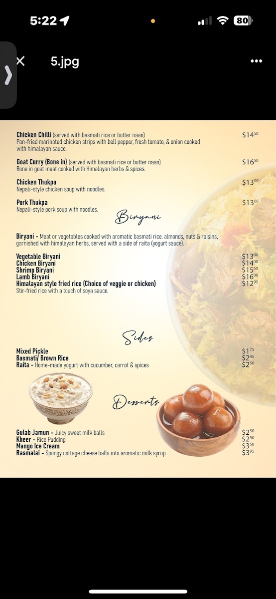 Jyoti Kitchen Indian and Nepali Food menu board
