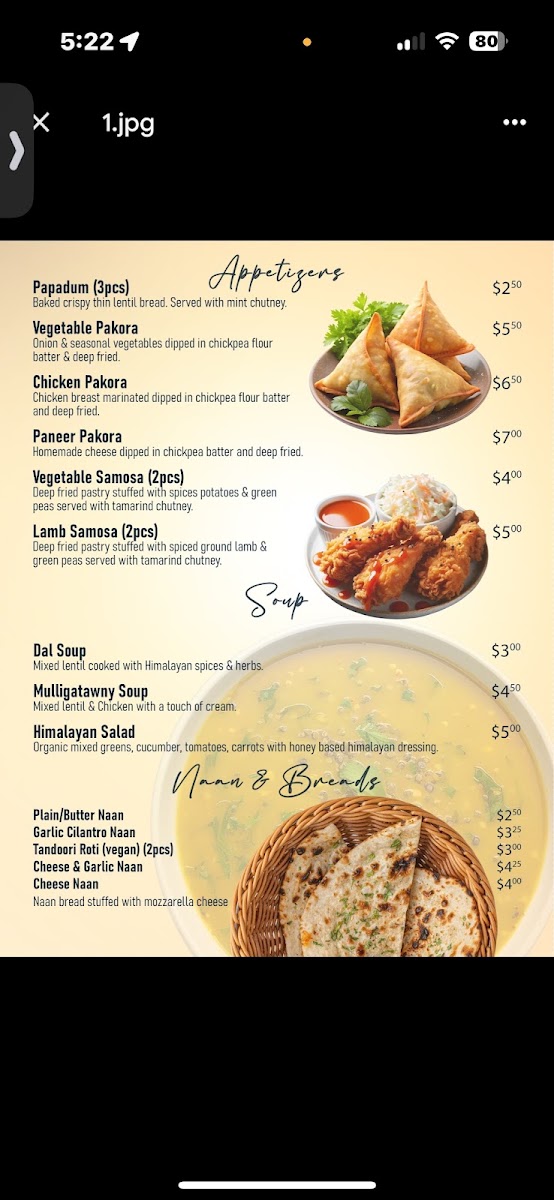 Jyoti Kitchen Indian and Nepali Food menu board