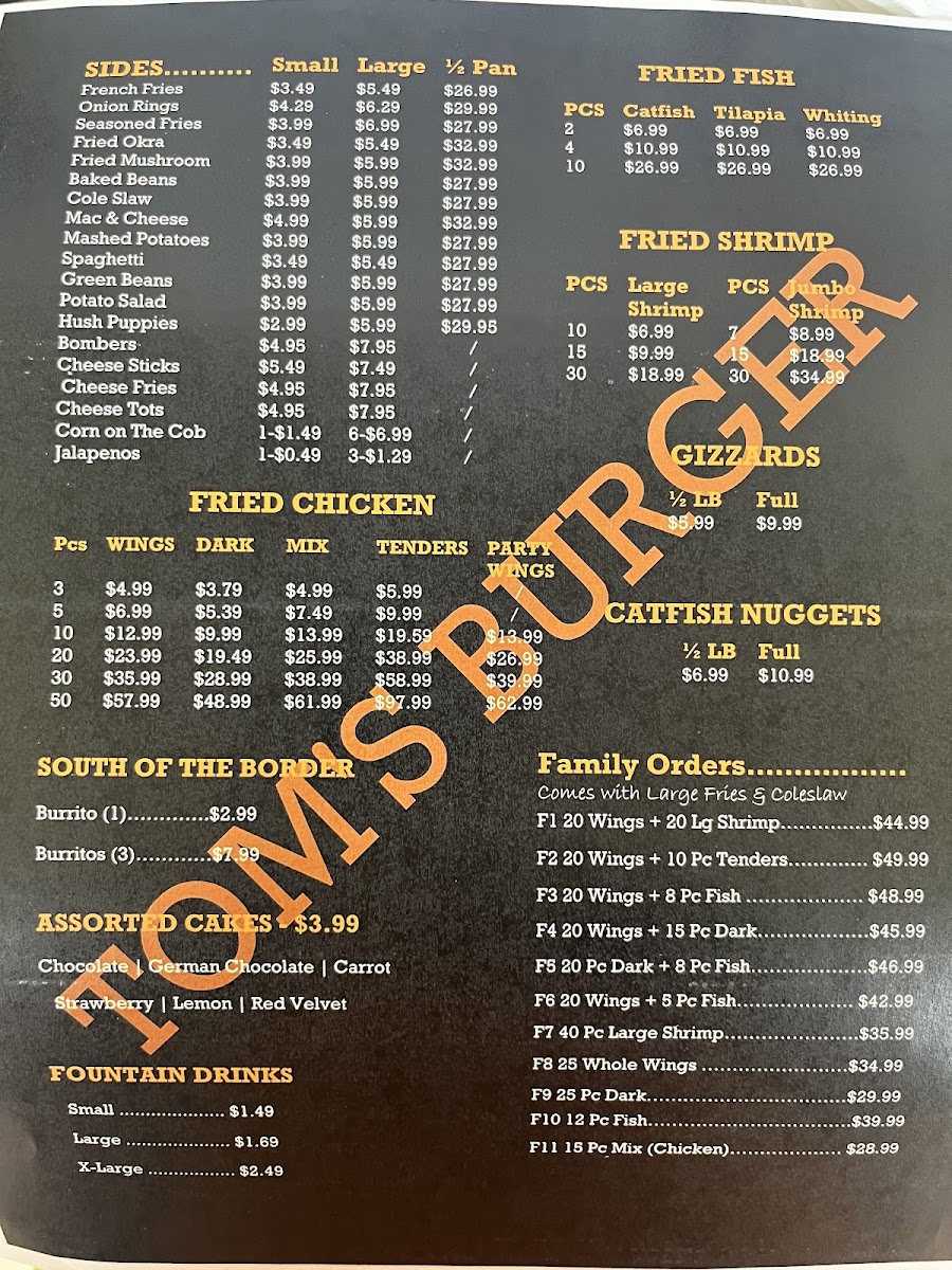 Tom Burger menu board
