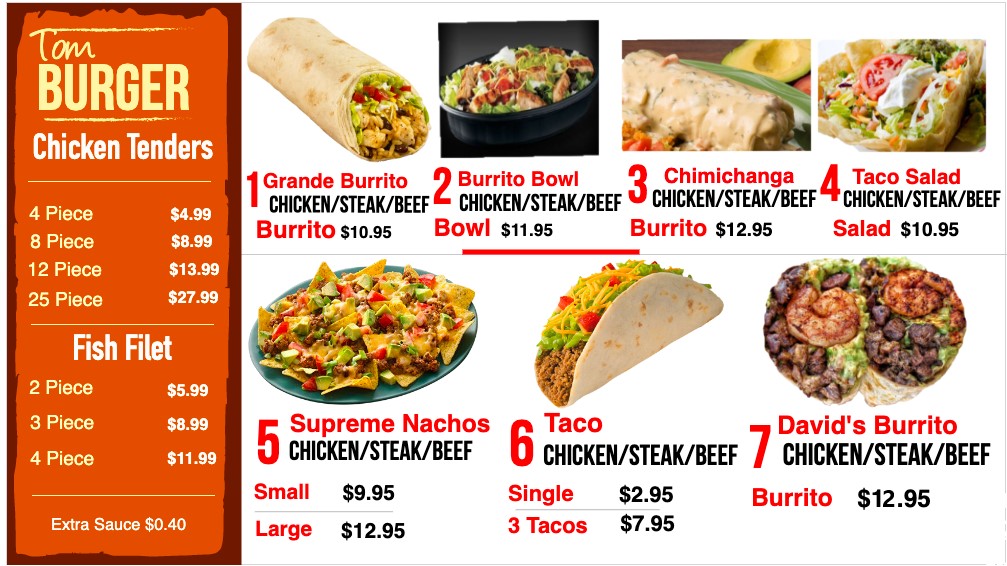 Tom Burger menu board
