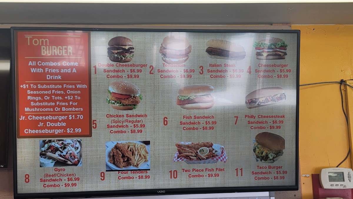 Tom Burger menu board
