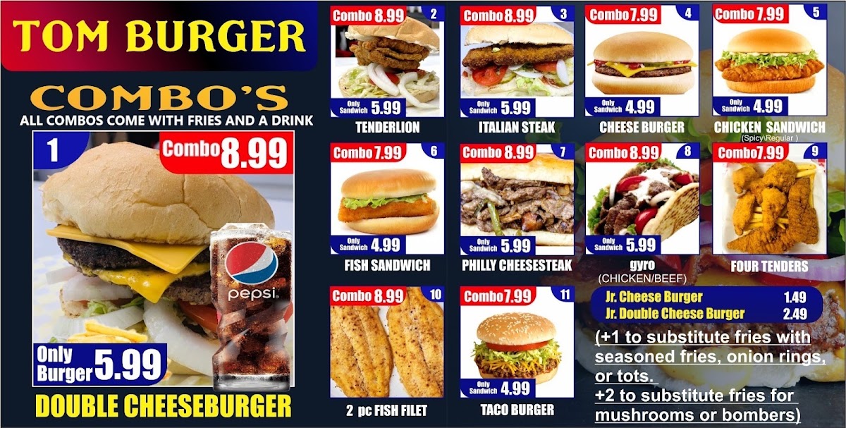 Tom Burger menu board
