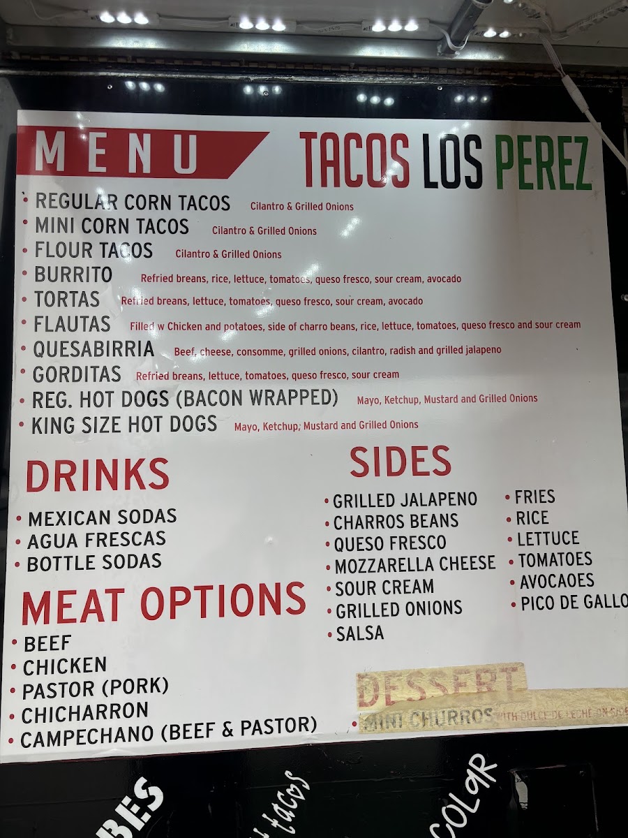Tacos Los Perez menu board