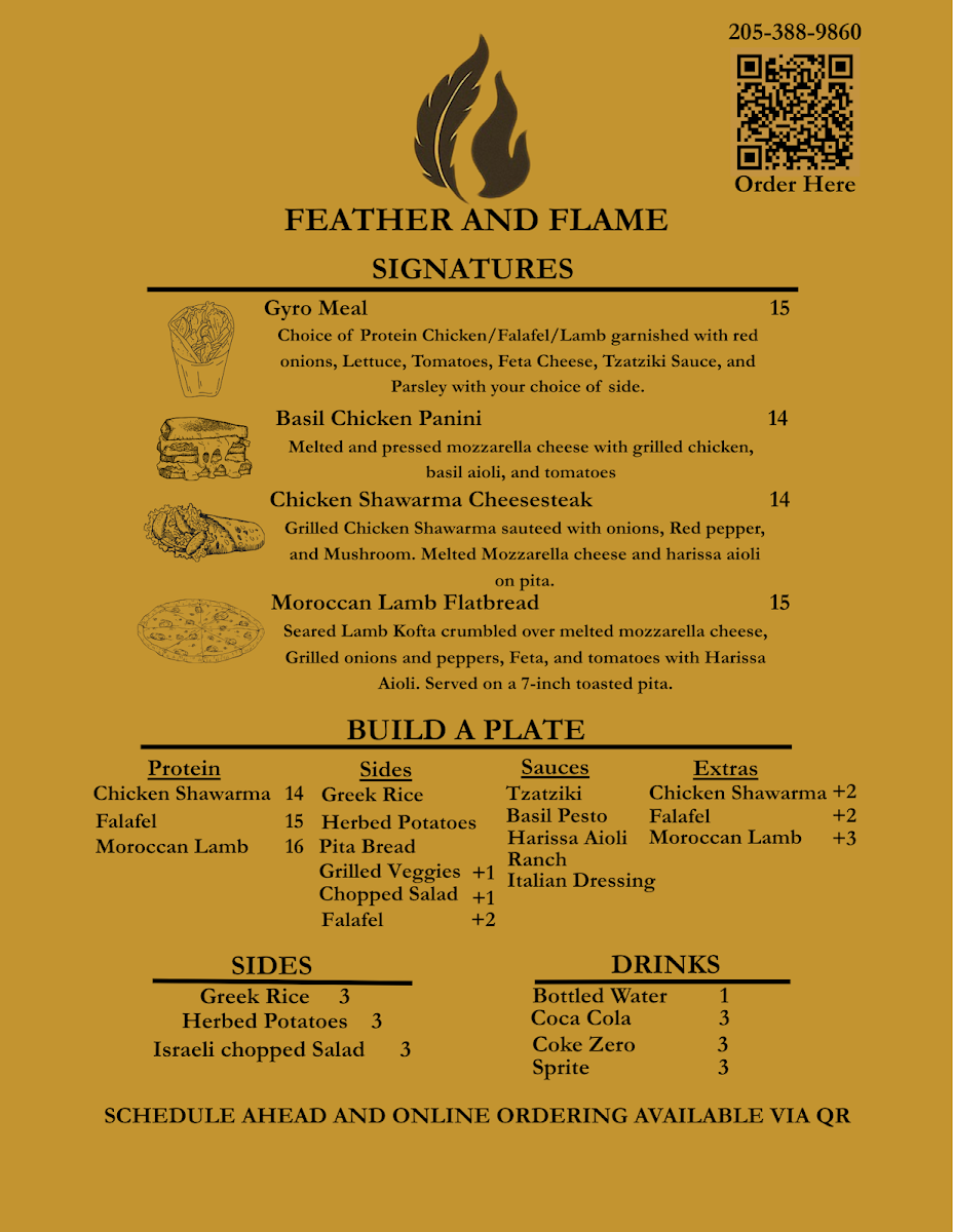 Feather and Flame Food Truck and Prepared meals menu board