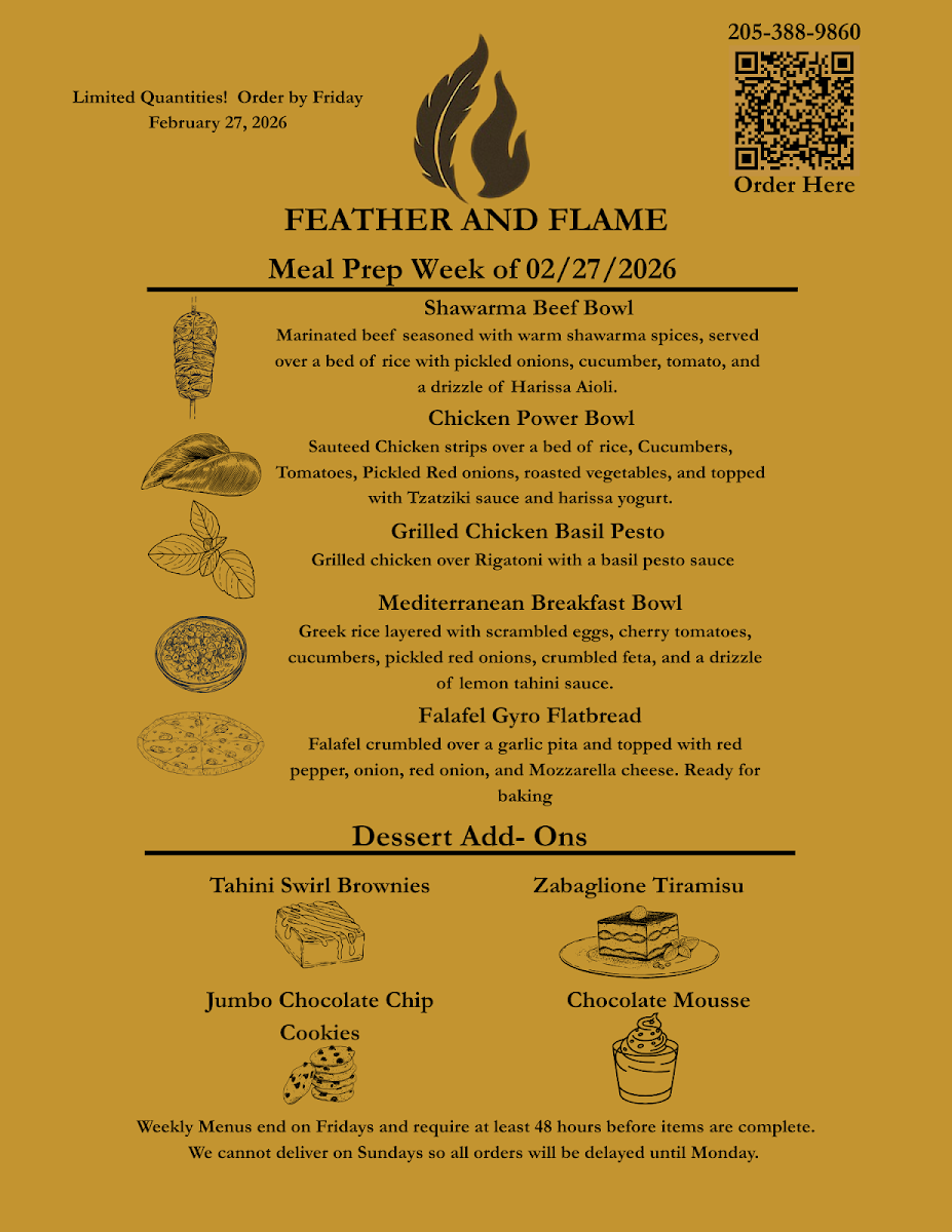 Feather and Flame Food Truck and Prepared meals menu board