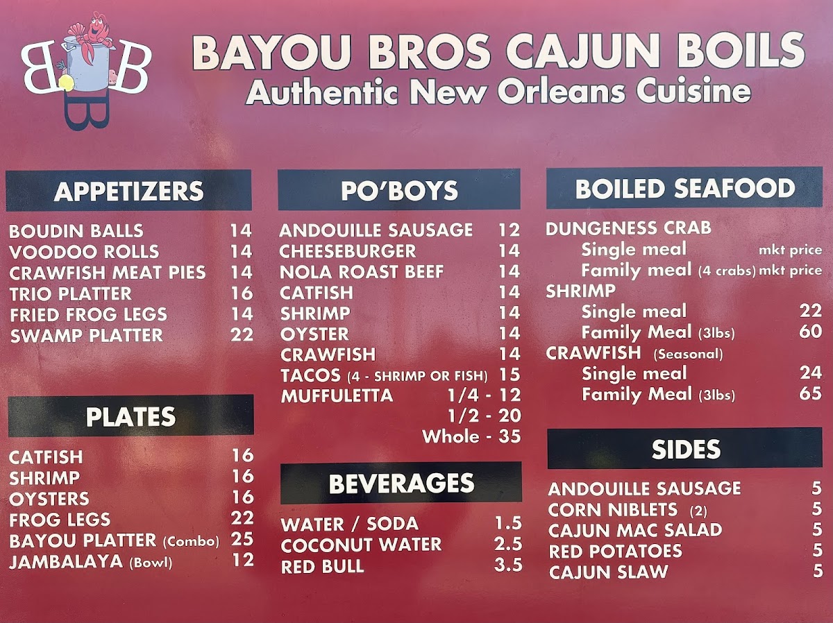 Bayou Bros Cajun Boils menu board