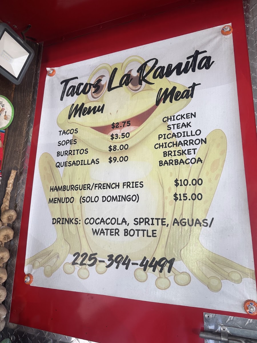 Tacos La Ranita menu board