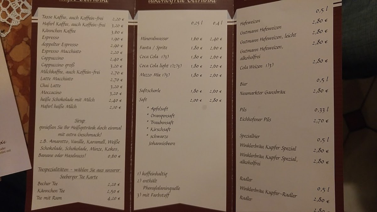 Stadtcafé Gradl menu board