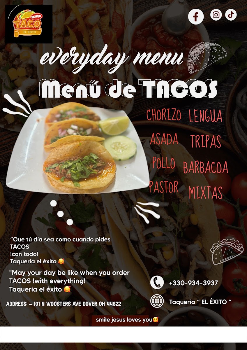 Taquería “ EL ÉXITO “ menu board