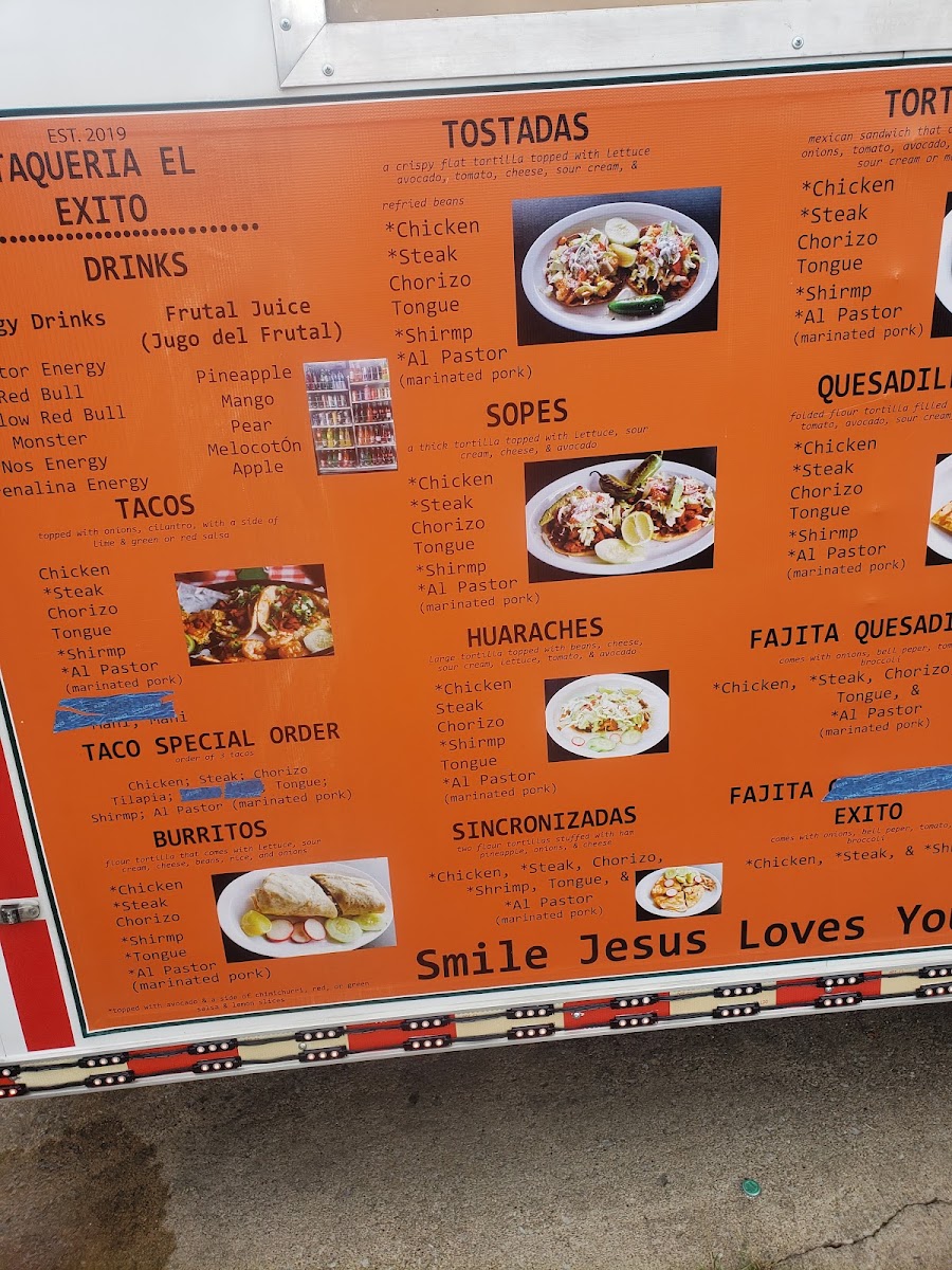 Taquería “ EL ÉXITO “ menu board