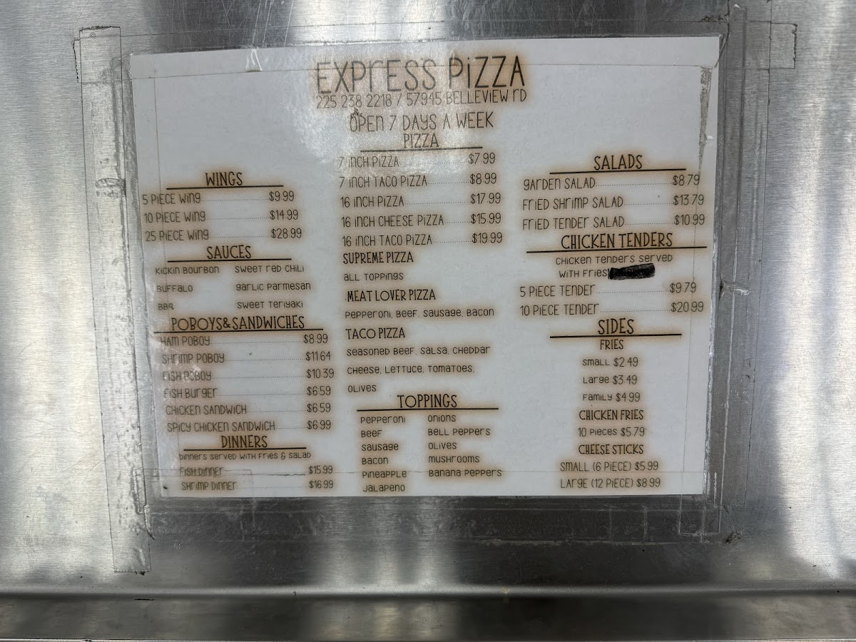 Express Pizza menu board