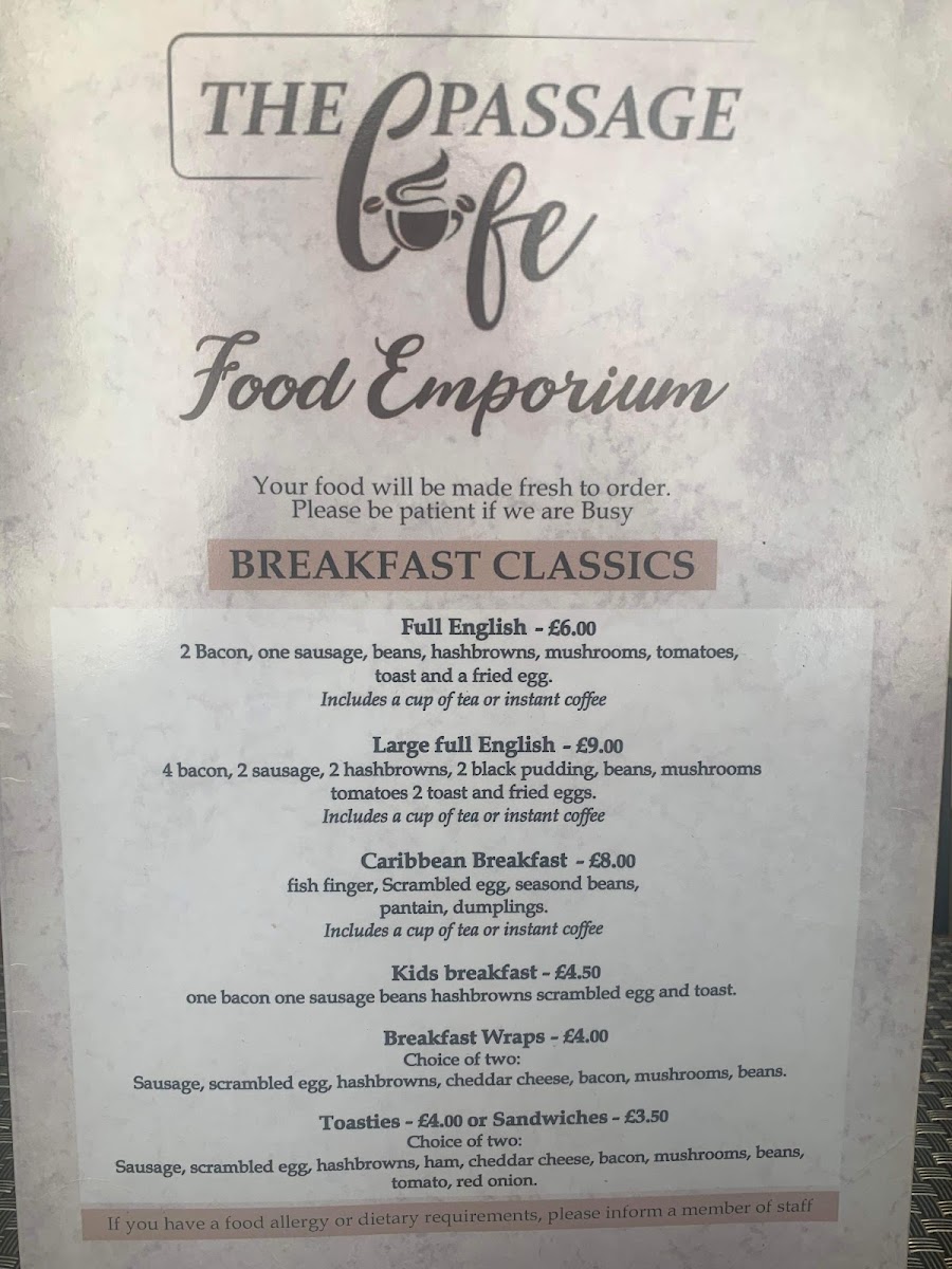 The Passage Cafe menu board