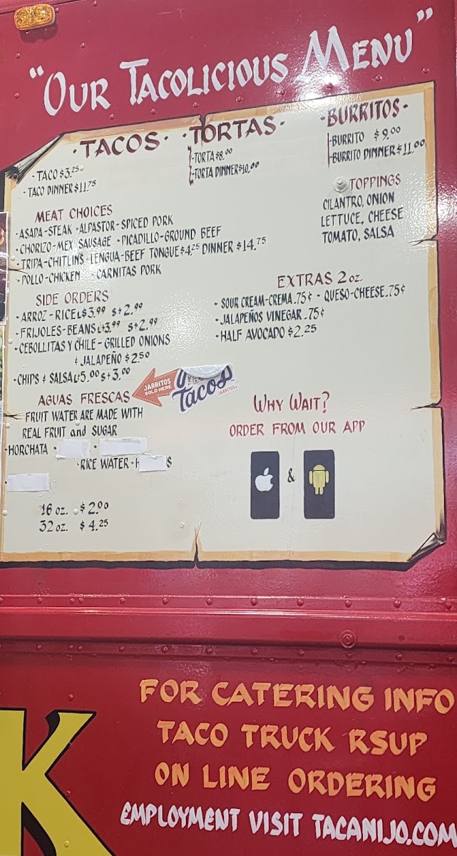 Ta Canijo (Maple Rd.) menu board