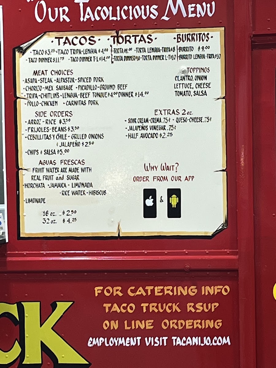 Ta Canijo (Maple Rd.) menu board