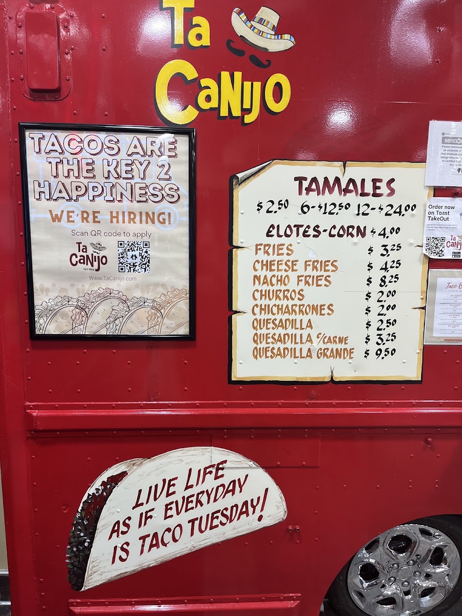 Ta Canijo (Maple Rd.) menu board
