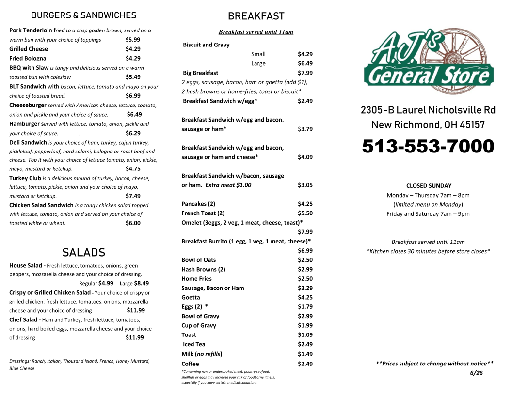 AJ's General Store menu board