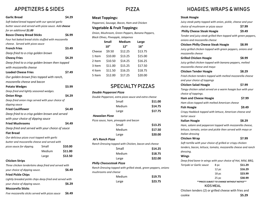 AJ's General Store menu board