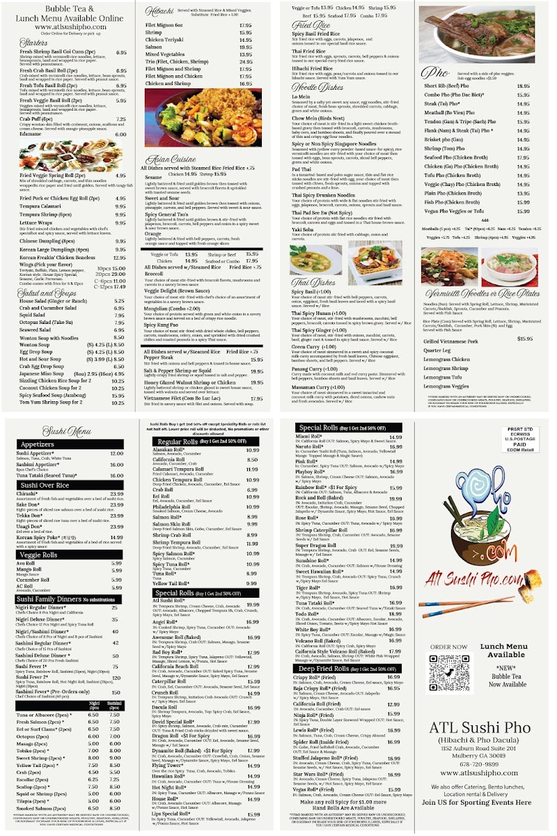 ATL sushi hibachi and pho (Thai Chinese Pho Hibachi sushi ) menu board