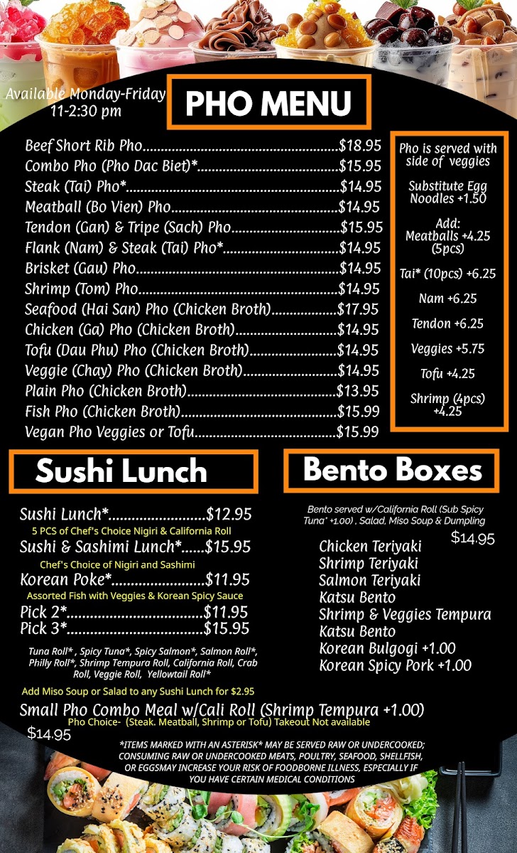 ATL sushi hibachi and pho (Thai Chinese Pho Hibachi sushi ) menu board